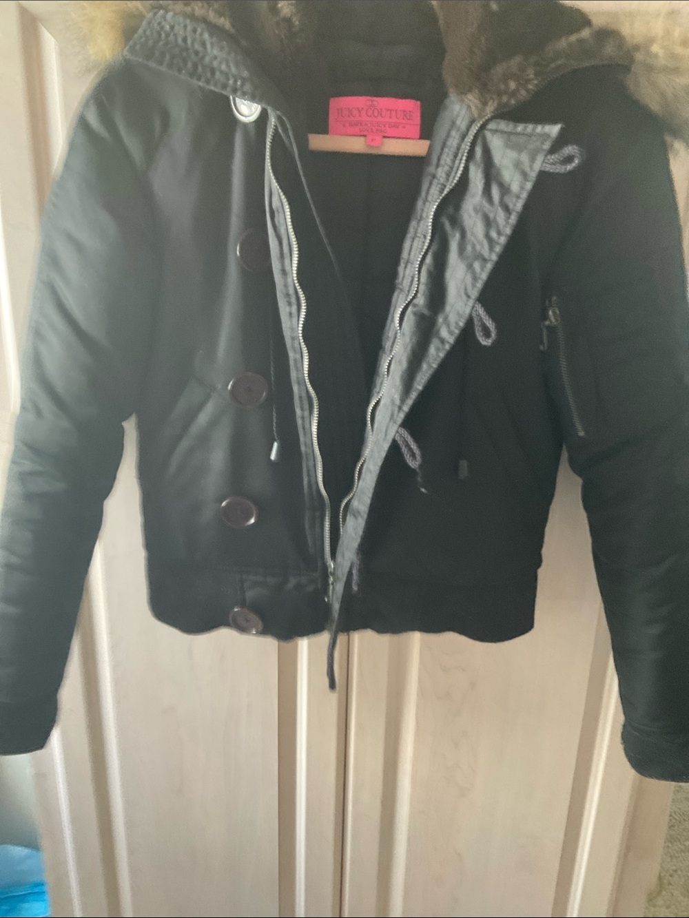 Juicy Couture Faux Fur Trim Puffer in Black Size Small